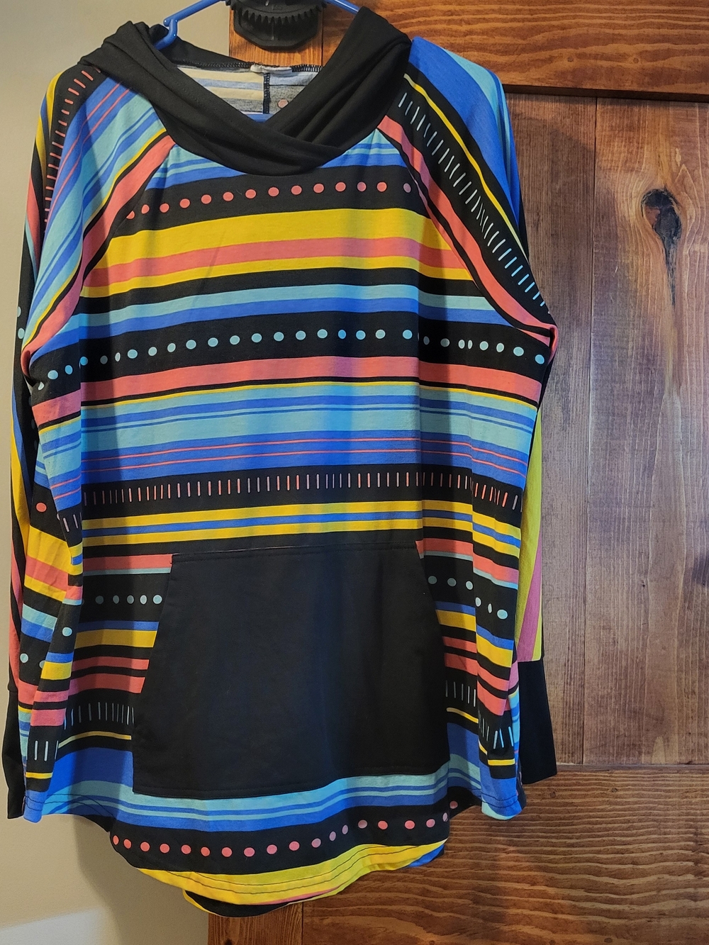 LuLaRoe Amber, Multicolor Striped Hooded Sweatshirt - Black, Blue, Yellow,